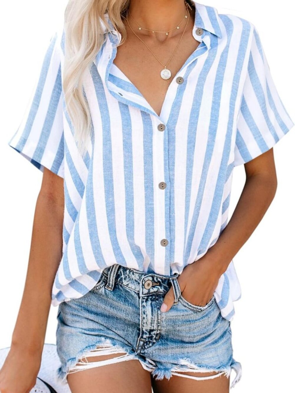 Casual Women's Short Sleeve Linen Button Down Shirt - Summer Beach & Concert Top